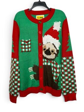 Tipsy Elves Red & Green sloth Holiday Knit button up Cardigan large